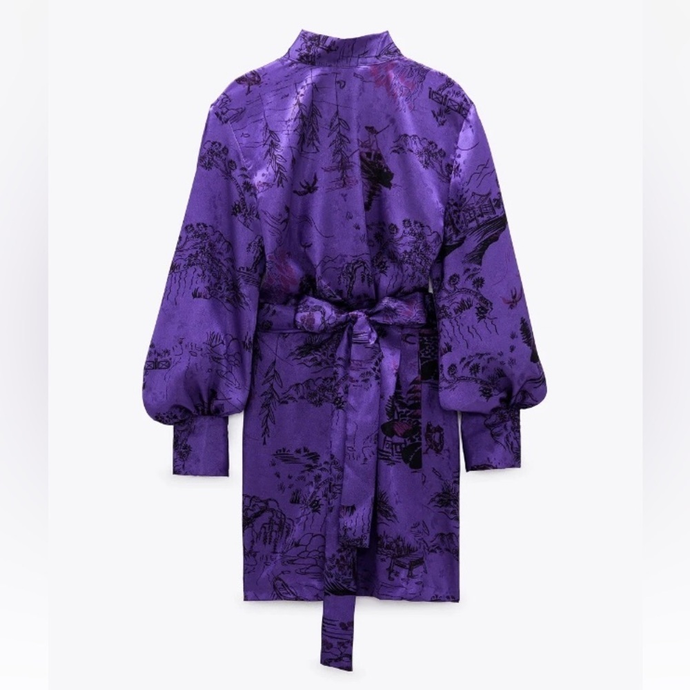 Zara Satin Mini Dress Purple Oriental Asian Print Faux Wrap Belted Women’s Sz S